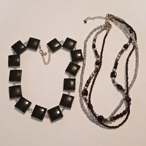 #754.  2 Piece Black And Silver Toned Multi Strand Necklace Bundle